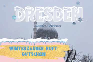 Gutschein für eine winterliche Stadtführung durch die verschneite Altstadt von Dresden mit festlicher Atmosphäre.